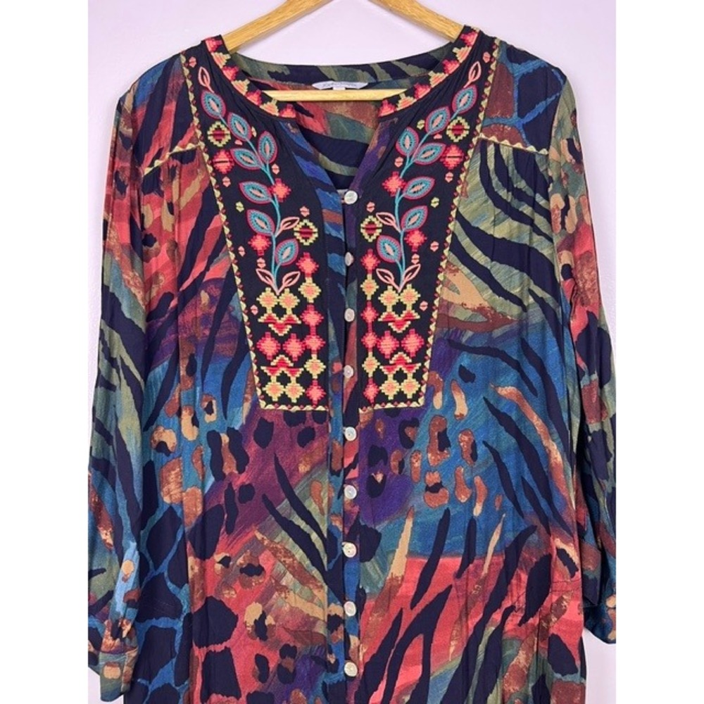 John Mark embroidered BOHO/Free Spirited MIDI Dress roll-tab Sleeves SZ L